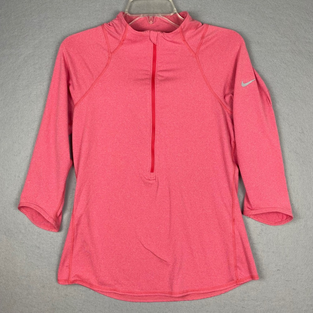 Nike Womens Dri-FIT 1/2 Zip Pullover Pink Heathered 3/4 Sleeve Top Size M